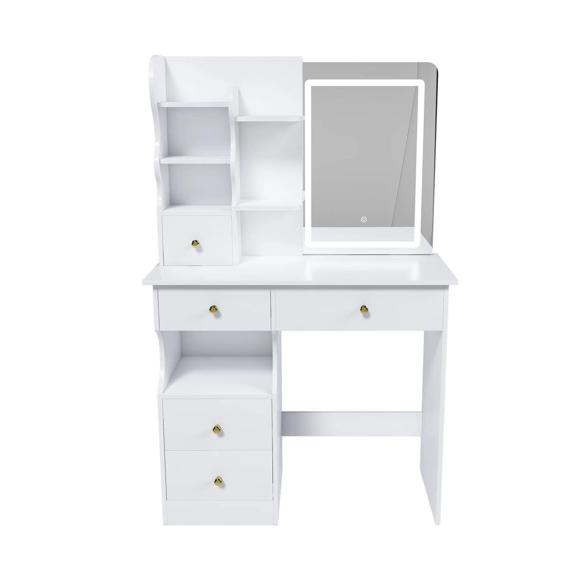 Montary Modern Mini Vanity w/Adjustable LED Mirror + Hidden Storage, Padded Stool & Dustproof Shelves (White)
