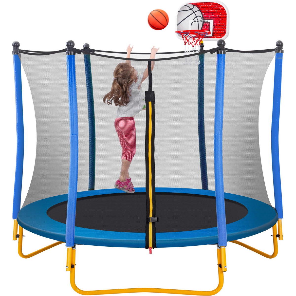 Leuco 66" Kids Trampoline with Basketball Frame, Rubber Ball and Enclosure Net, 5.5ft Mini Small Toddler Trampoline Toys for Indoor and Outdoor Use, Age for 1-8 years old