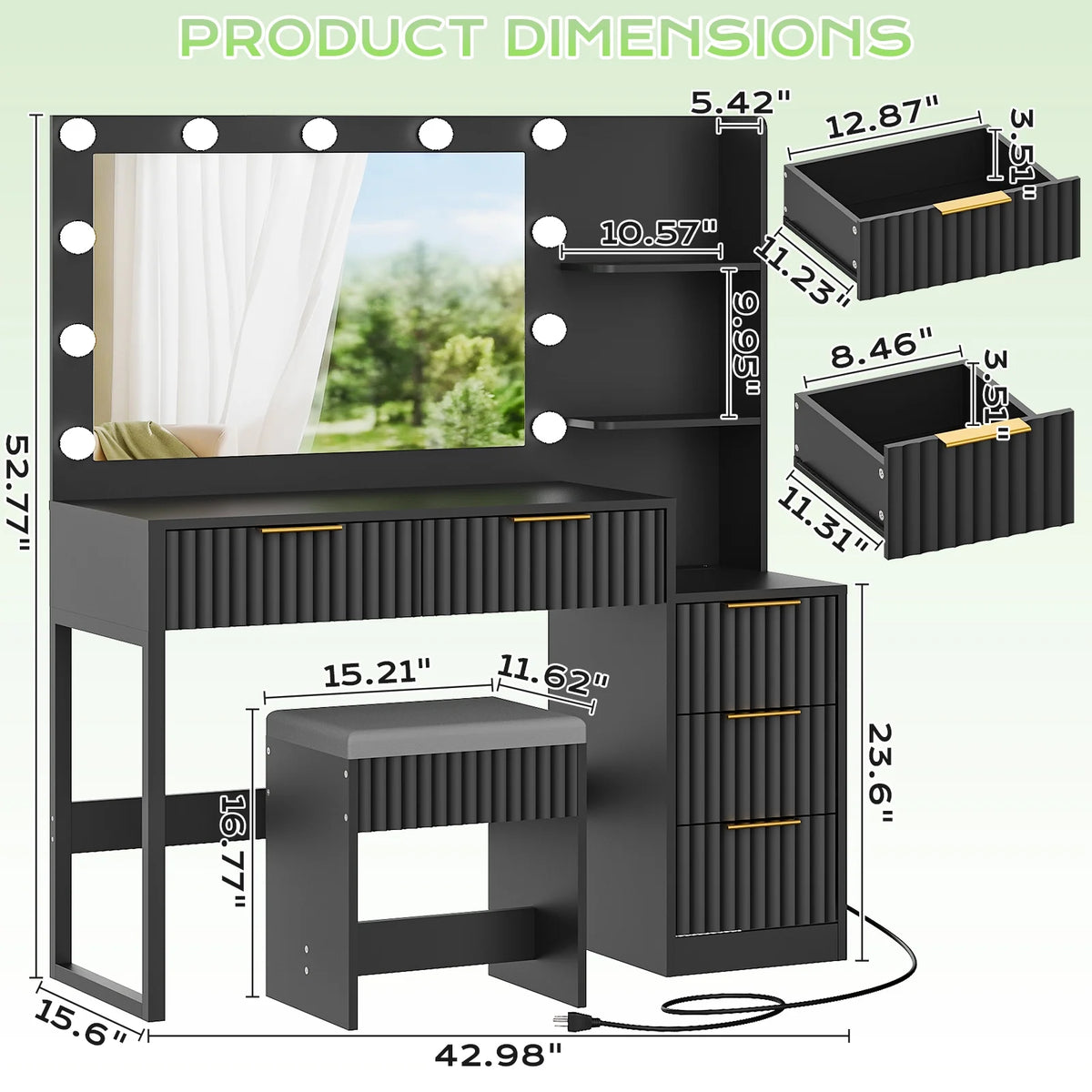 Ktaxon Flutted Makeup Vanity Table Set with 5 Drawer, Dressing Table w/Charging Station, Vanity Desk for Femal Gift, White