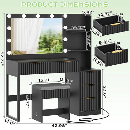 Ktaxon Flutted Makeup Vanity Table Set with 5 Drawer, Dressing Table w/Charging Station, Vanity Desk for Femal Gift, White