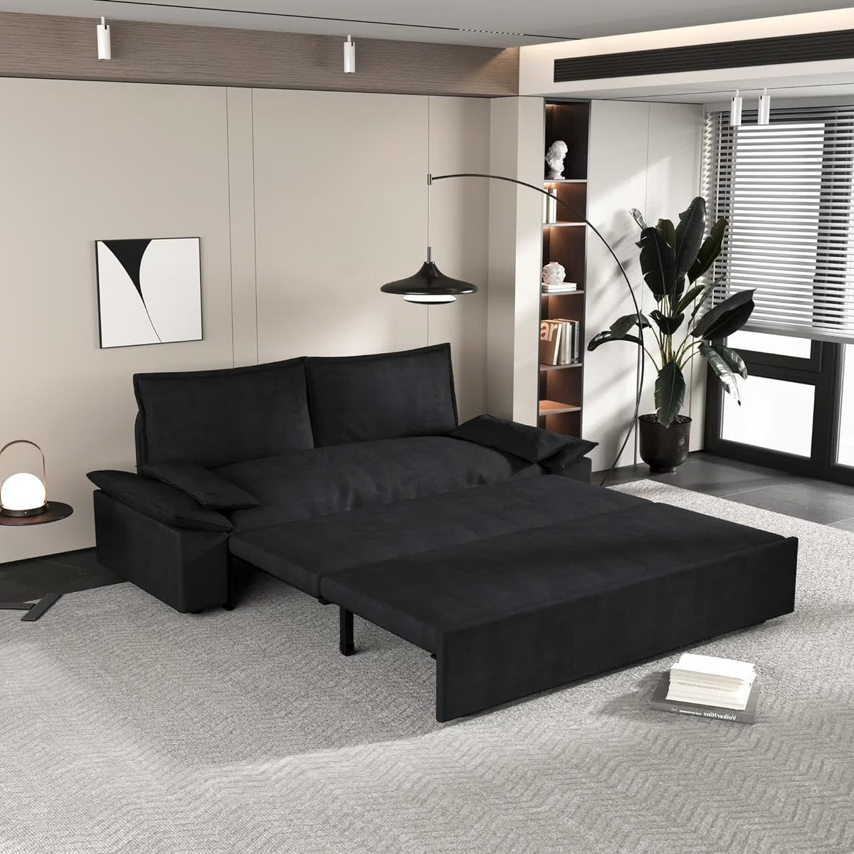 Tabaray 63.8" Futon Sofa Bed Queen Size, Pull Out Bed, 3-in-1 Convertible Sleeper Sofa with Side Pocket, Modern Plush Velvet Futon Couch for Living Room, Small Space, Apartment, Bedroom, Black