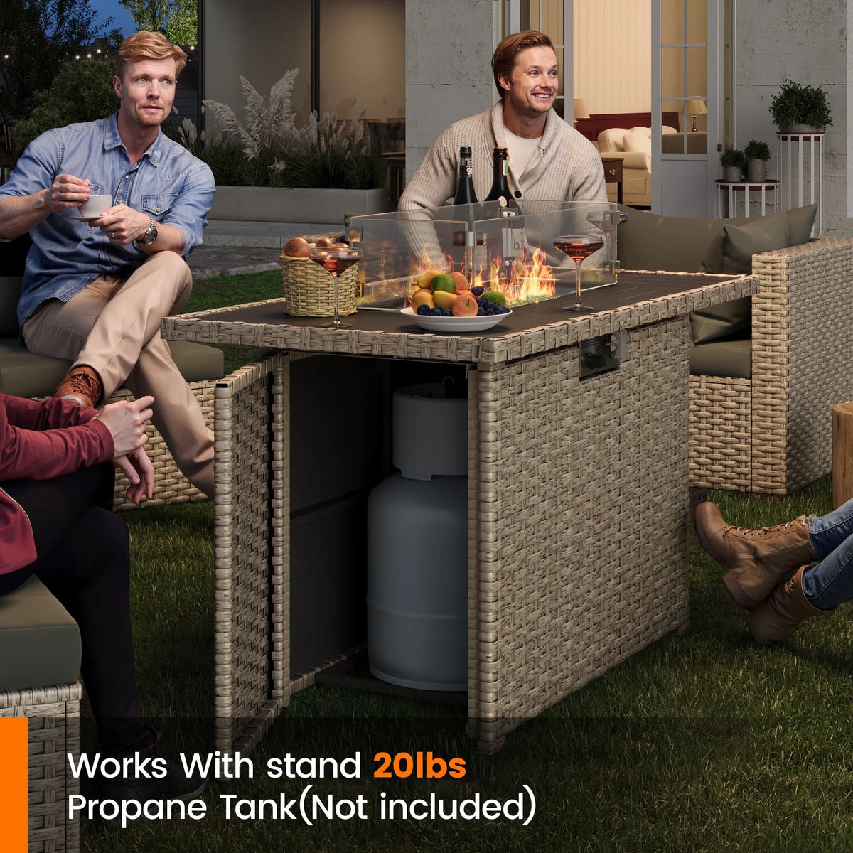 MRUAKA 8 Pieces Patio Furniture Set with Fire Pit Table, Outdoor Furniture Sectional Rattan Sofa with Slanted Back, Patio Couch with Glass Coffee Table for Backyard Garden (Dark Grey)