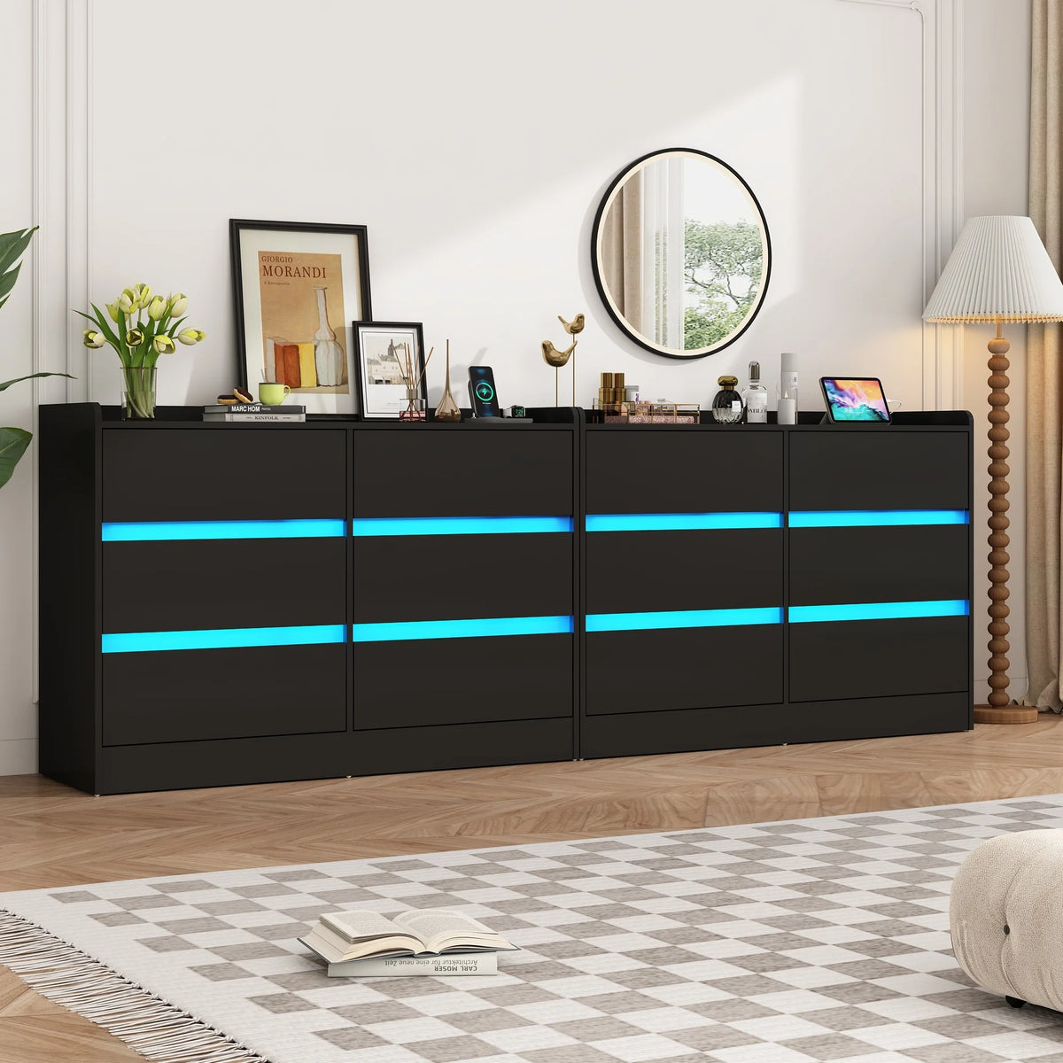 9 Drawer Dresser for Bedroom with Power Outlet, 63" Large Dresser with LED Light, Wooden Dresser For Closet, Chest of Drawers with Raised Edges