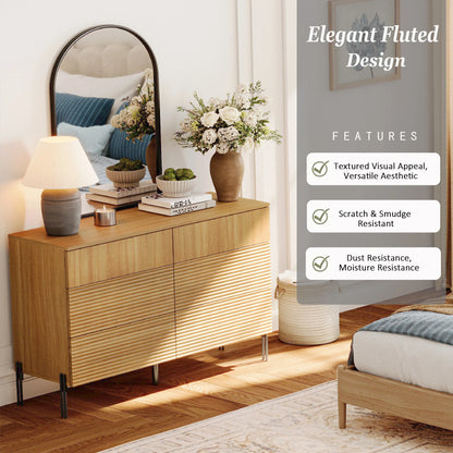 4 Pcs Bedroom Set,6 Drawer Dresser And Nightstand Sets For Bedroom,Night Stand Set Of 2, Modern Accent Cabinet With Hidden Handles, Reed Pattern & Double Chopsticks Legs