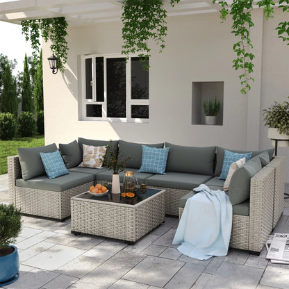 7 Pieces Patio Conversation Set, Outdoor Sectional PE Rattan Wicker Furniture Seat,Dark Gray