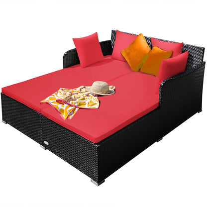 Costway Outdoor Patio Rattan Daybed Pillows Cushioned Sofa Furniture Beige