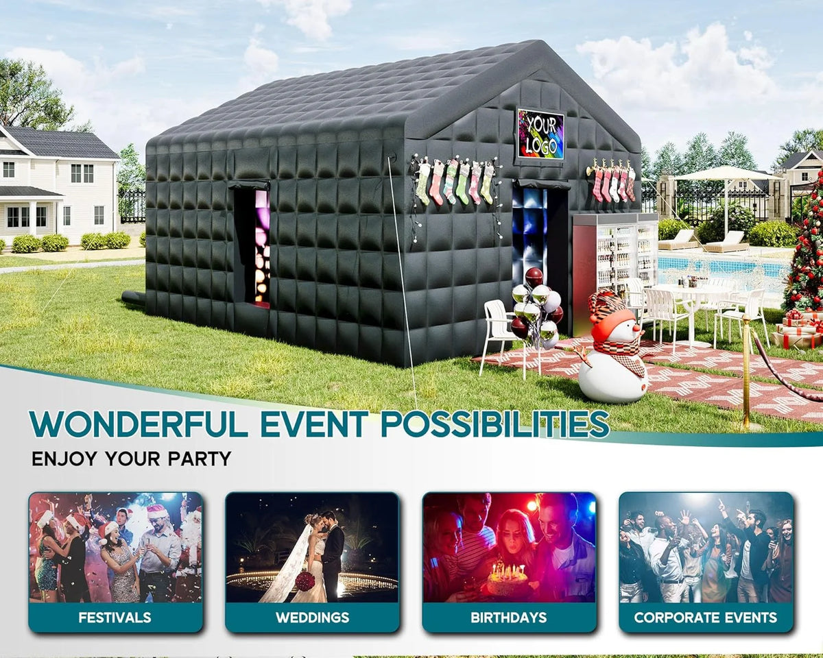 Jocisland 20x16x14 ft Large Black Inflatable Night Club Tent for Adults with 2 Side Doors, Inflatable Nightclub with Logo Area Gazebo Event House