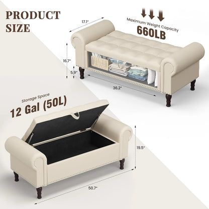 Gelloan Storage Ottoman Bench for Bedroom,Upholstered Bedroom Bench with Rolled Arms and Rivets, Storage Chest for Living Room,Grey,51 Inches