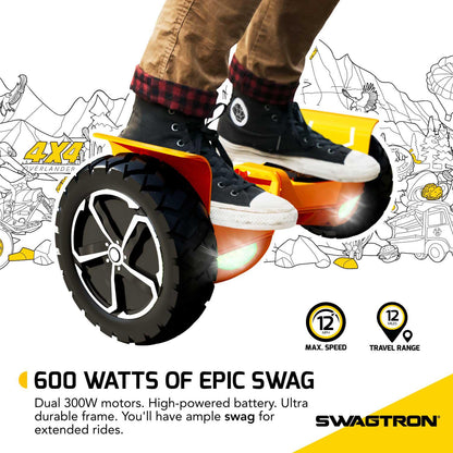 Swagtron Off-Road T6 Hoverboard. 420 lb Weight Limit. Black. Bluetooth Speaker. 10 Inch Wheel 12 Mph UL-Compliant