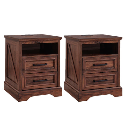 ACCOHOHO Nightstands Set of 2 with Charging Station, Rustic End Table with 2 Drawers Farmhouse Side Table with 3-tier Storage for Bedroom Living Room, White