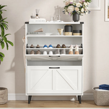 Veanerwood Shoe Cabinet with 2 Flip Drawers Farmhouse Shoe Storage Cabinet Organizer for Entryway, Gray