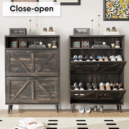 Veanerwood Shoe Cabinet with 2 Flip Drawers Farmhouse Shoe Storage Cabinet Organizer for Entryway, Gray
