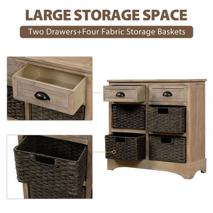 Rustic Storage Cabinet, Wood Accent Cabinet with 2 Drawers and 4 Rattan Baskets,Entryway Console Table Sofa Table for Living Room,Dining Room,White Washed