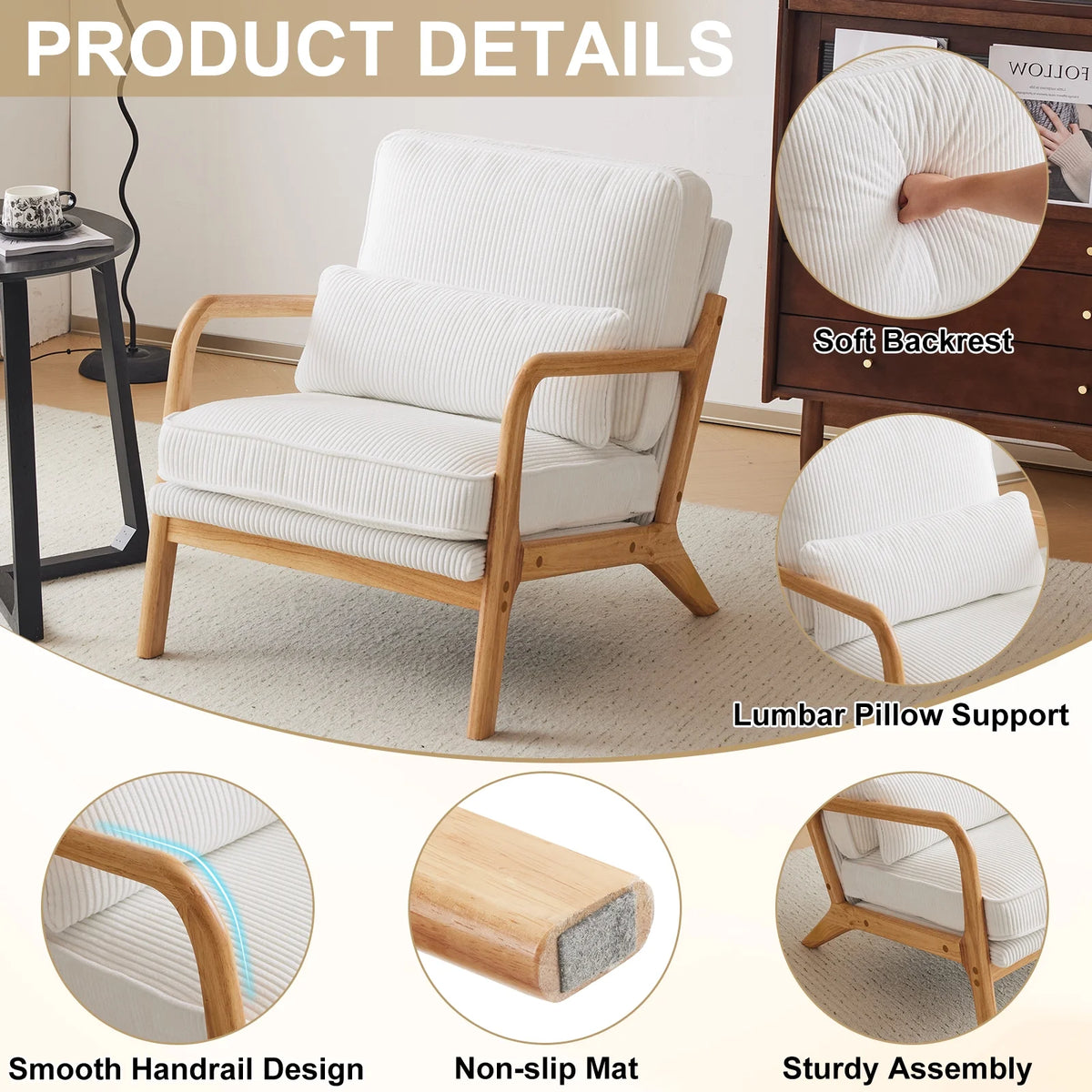 Ktaxon Accent Chair Corduroy Upholstered Armchair, Reading Club Chair with Pillow and Solid Wood Frame for Living Room Bedroom Furniture Off White