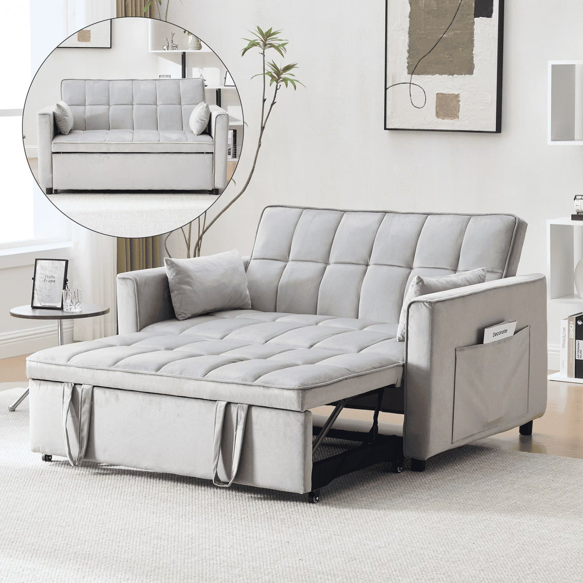 Velvet 3-in-1 Convertible Sofa Bed �C USB Charging, Adjustable Backrest Pull-Out Couch Loveseat Sleeper for Living Room, Apartment & Small Space,Black
