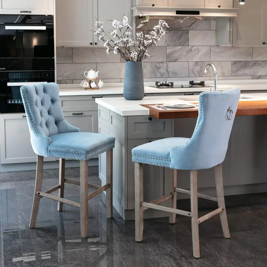 Velvet Bar Stools Set of 2, Upholstered Counter Height Bar Chair with Rivet and Button Trim, Bar Stool with Back and Footrest, for Dining Room, Kitchen, Pub, Gray