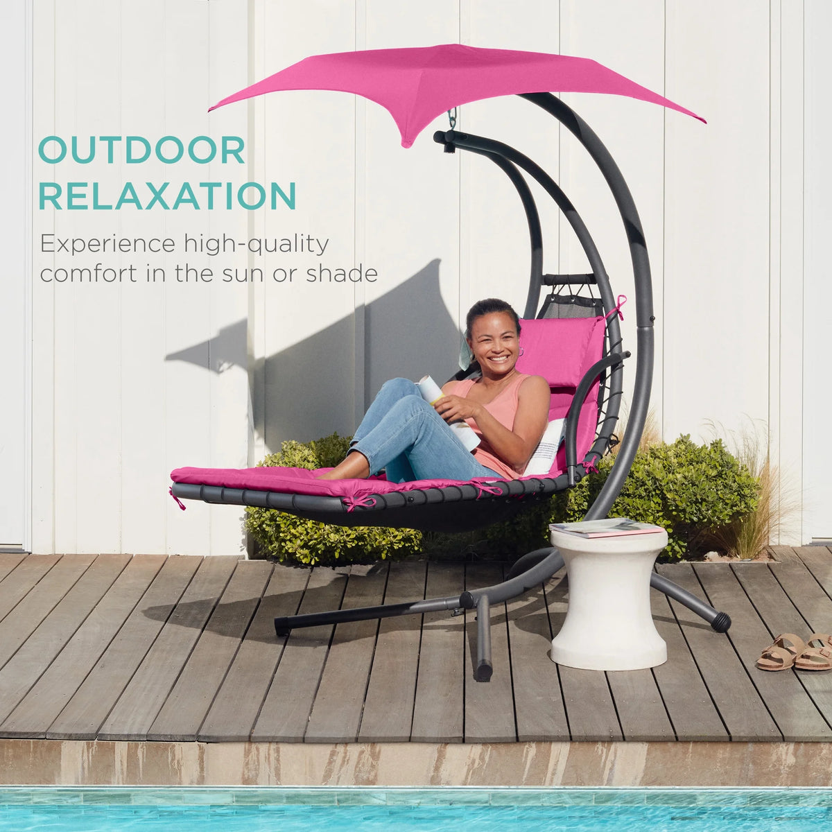 Best Choice Products Hanging Curved Chaise Lounge Chair Swing for Backyard, Patio w/ Pillow, Shade, Stand - Teal