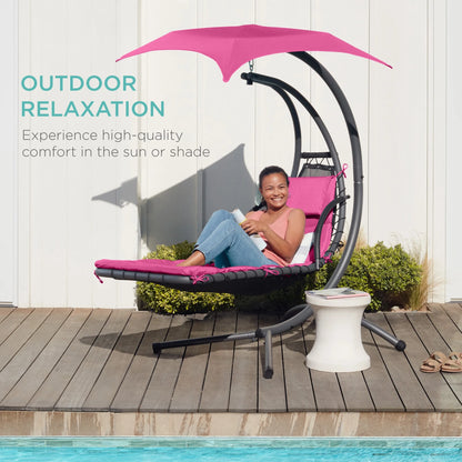 Best Choice Products Hanging Curved Chaise Lounge Chair Swing for Backyard, Patio w/ Pillow, Shade, Stand - Teal