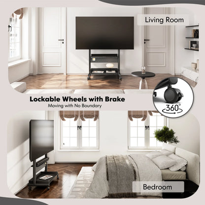 FITUEYES Rolling TV Stand with Wheels for 40-85 inch TVs, Height Adjustable Mobile TV Stand TV cart with Wooden Large Storage,White