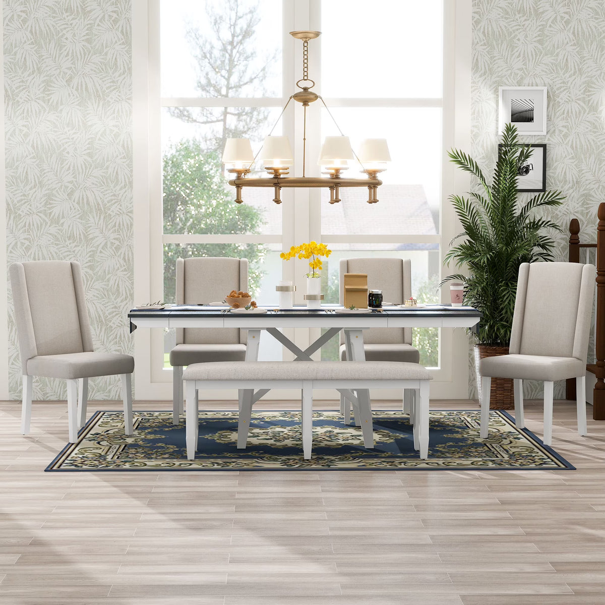 6 Piece Extendable Dining Table Set, Atumon Wood Dining Room Set for 6, Dining Table Set with 4 Beige Cushioned Chairs and Bench, Farmhouse Dining Table Set Furniture for Kitchen Dining Room, Natural
