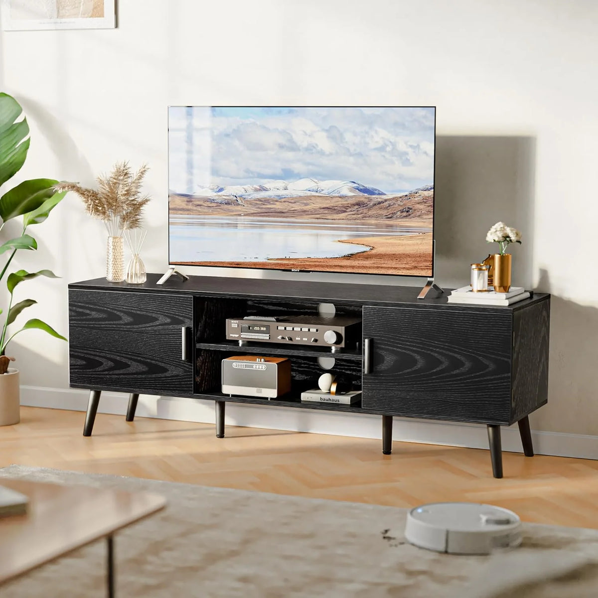 LL TV Stand for 55 Inch TV, Entertainment Center with Adjustable Shelf, 2 Cabinets, TV Console Table, Media Console, Solid Wood Feet, Cord Holes, for Living Room, Bedroom, White