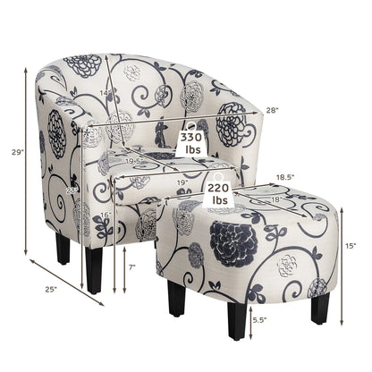 Gymax Modern Accent Tub Chair&Ottoman Set Fabric Upholstered Club Chair Grey Floral