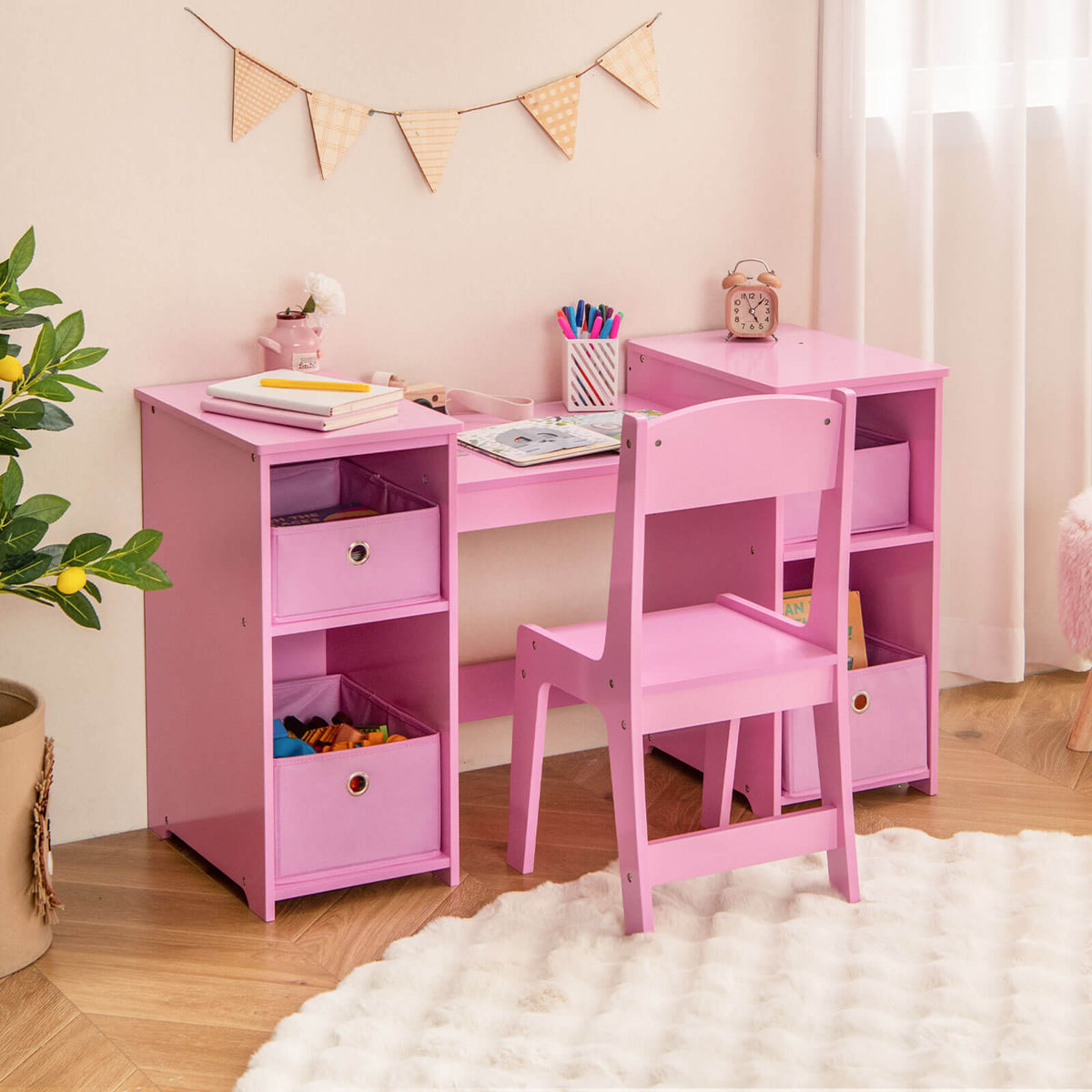 Infans Kids Vanity Table & Chair Set 2-in-1 Princess Pretend Play Makeup Vanity Set