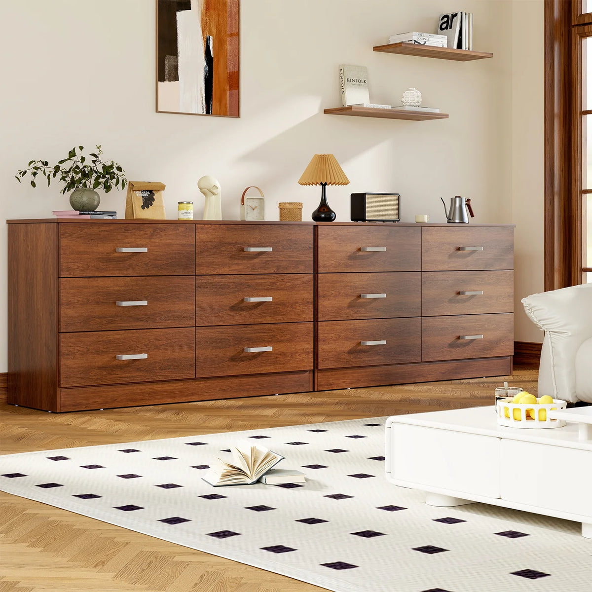 Winkalon 6 Drawer White Double Dresser, Wood Storage Cabinet with Easy Pull Out Handles for Living Room,Chest of Drawers for Bedroom