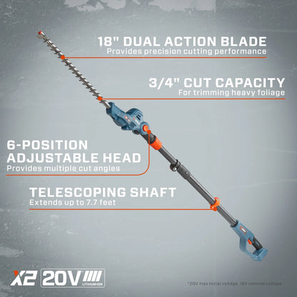 SENIX 20 Volt Max* Cordless Pole Hedge Trimmer 18-Inch Cutting / 21-inch Blade Length with Adjustable Head & Telescoping Shaft, Battery & Charger included, HTPX2-M