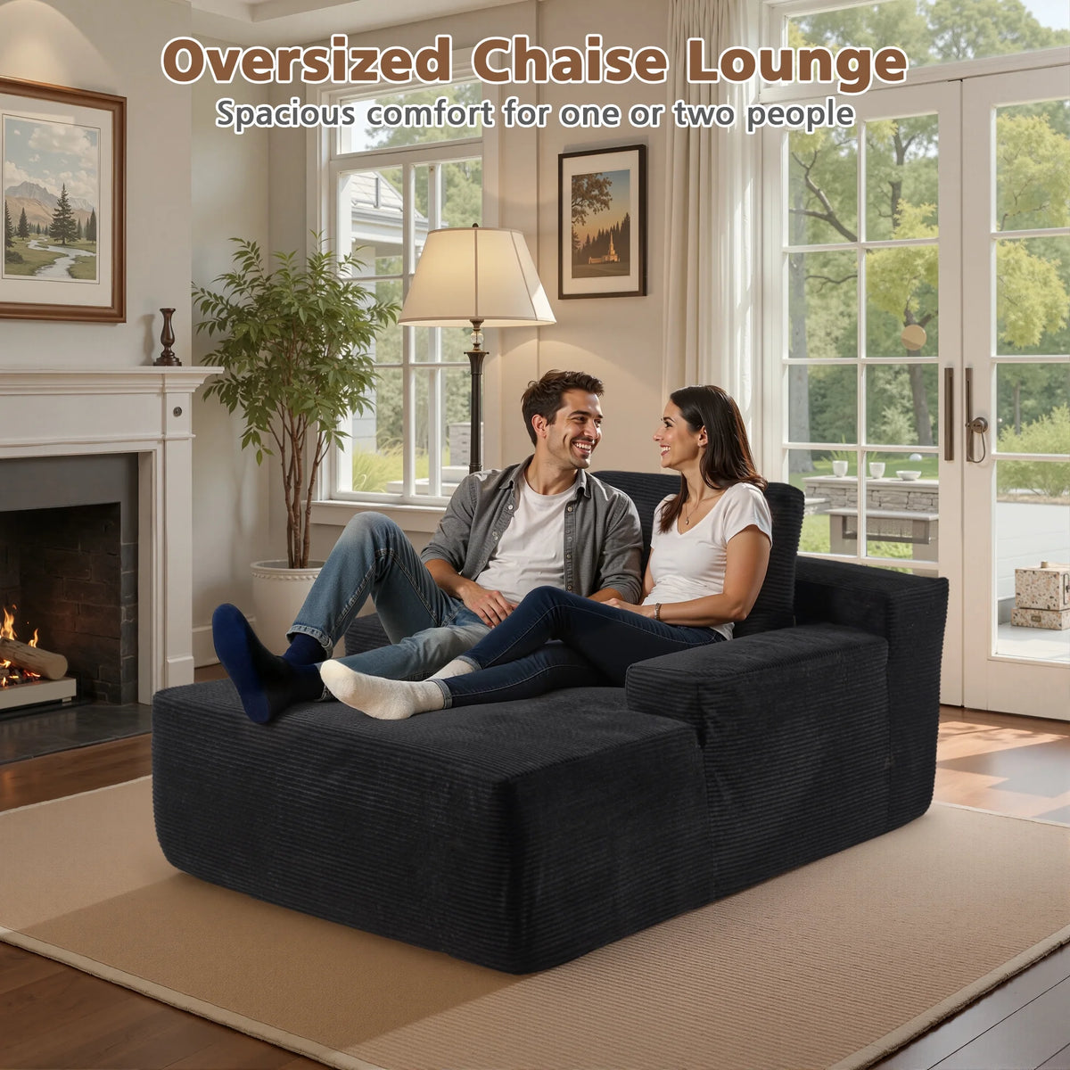 Ovios 67'' Oversized Chaise Lounge Chair Indoor Cloud Plush Corduroy Floor Sofa Bed Deep Seat No Assembly Couch for Living Room, Black