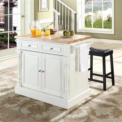 OXFORD BUTCHER BLOCK TOP KITCHEN ISLAND IN WHITE FINISH WITH 24" BLACK UPHOLSTERED SADDLE STOOLS