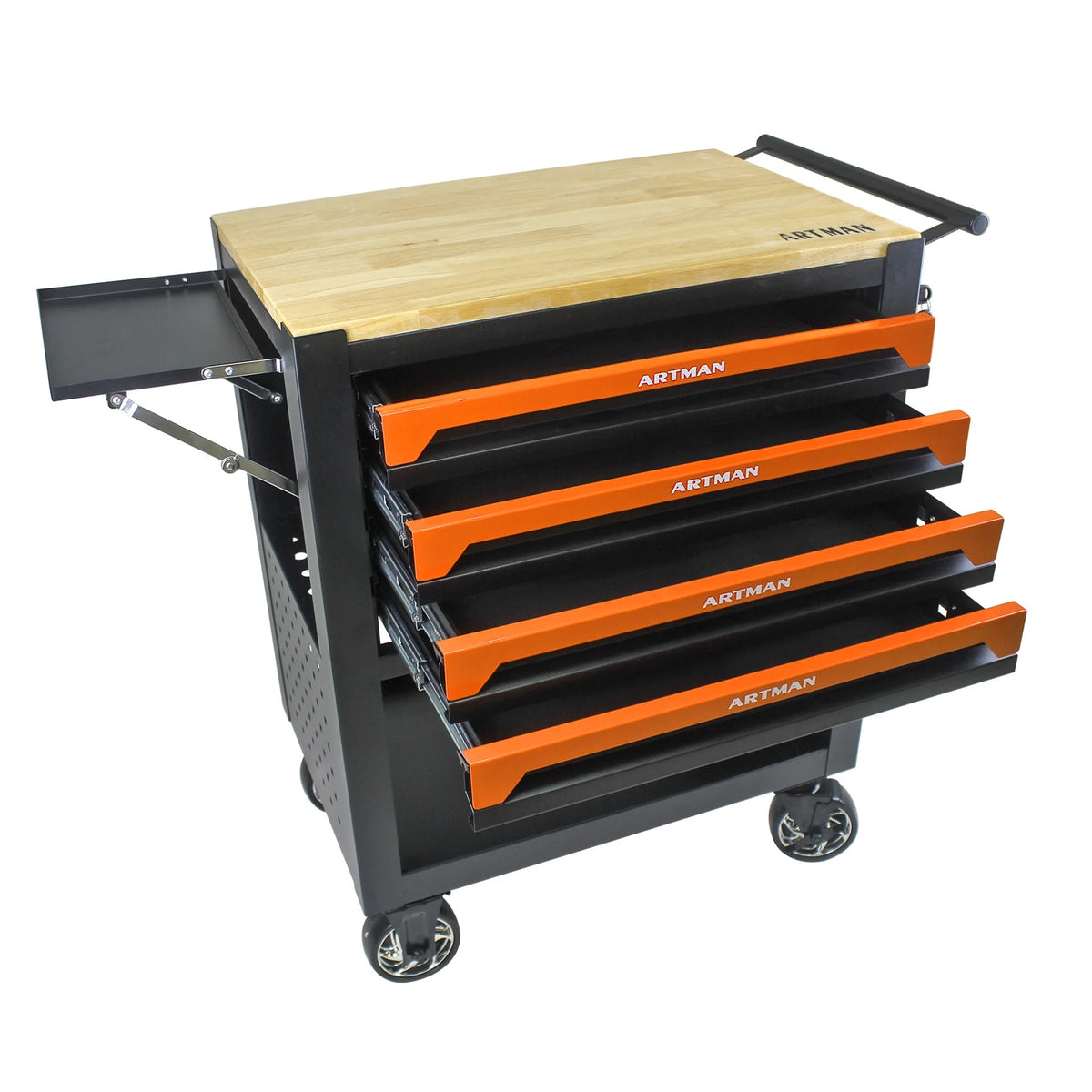 Roromall Rolling Tool Cart with Wooden Top 4 Drawers Foldable Side Panel Multi-Function Tool Chest for Garage Workshop Tool Organizer