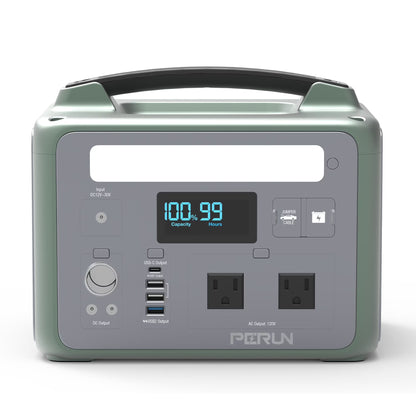 PERUN Portable Power Station Pure Sine Wave Solar Generator, 1200 Peak starting Watts 600 Watts continuous Powered by Yard Force, Jumpstart capable, LED light, home, camping, electronic devices