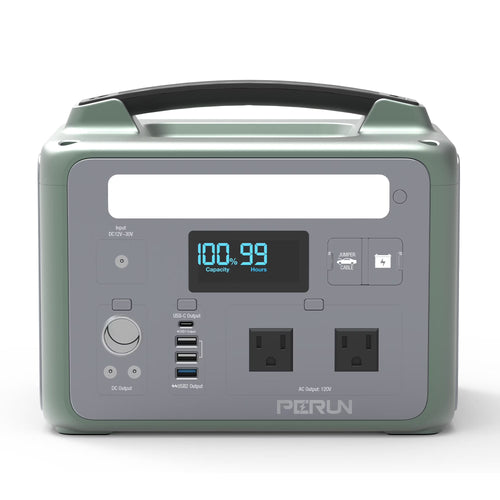 PERUN Portable Power Station Pure Sine Wave Solar Generator, 1200 Peak starting Watts 600 Watts continuous Powered by Yard Force, Jumpstart capable, LED light, home, camping, electronic devices