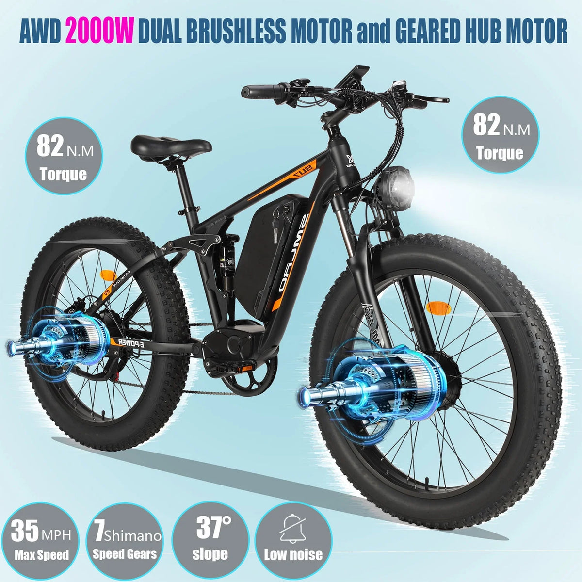 60V 25AH Battery Electric Bike for Adults,5000W Peak Dual Motor Ebike,AWD 21-Speed 50MPH Mountain Snow E-Bike with 26" x 4.0 Fat Tire, Long Range Mountain Dirt Bike for Off-Road Snow Sand