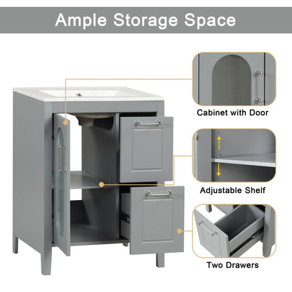 Soges 24" Bathroom Vanity with Ceramic Sink, Solid Wood Bathroom Makeup Cabinet with Door, Adjustable Shelf and 2 Drawer, Free Standing Single Basin Vanity Set for Small Bathroom, White