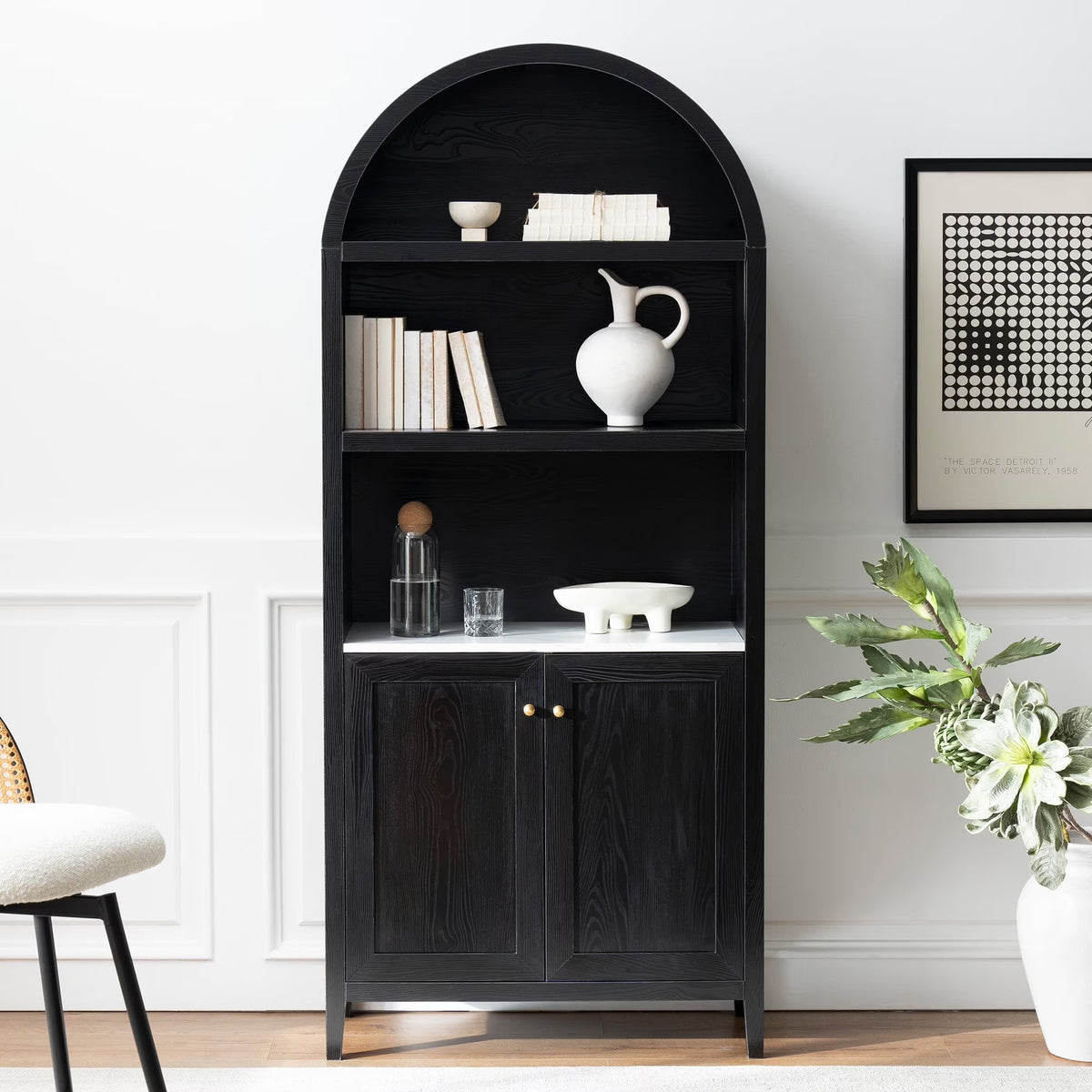 EYYTHUNG 71" Tall Arched Cabinet Modern Farmhouse 5-Tier Arched Bookcase Storage Display Cabinet with Faux Marble Top, Natural Oak