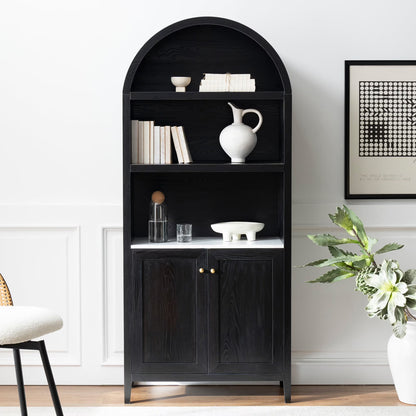 EYYTHUNG 71" Tall Arched Cabinet Modern Farmhouse 5-Tier Arched Bookcase Storage Display Cabinet with Faux Marble Top, Natural Oak