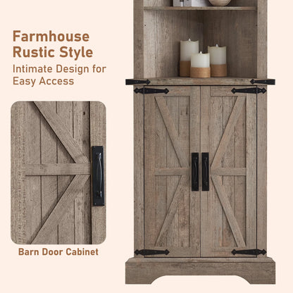 OKD Farmhouse Tall Corner Cabinet with Barn Door & Adjustable Shelves, 68" Rustic Wood Corner Cabinet with Storage Cabinet for Bathroom, Kitchen, Antique White