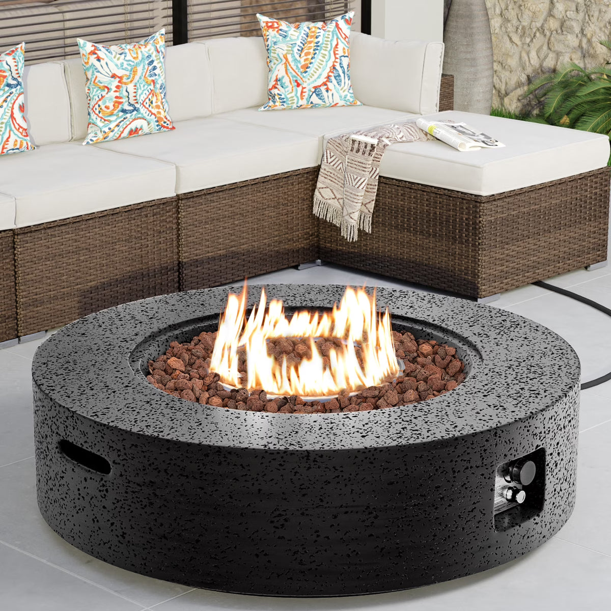 COSIEST Outdoor Round Terrazzo Concrete White firepit Table