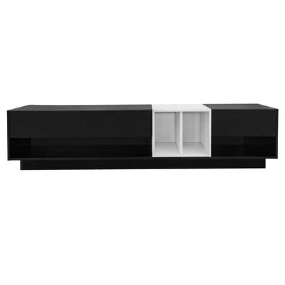 Modern TV Stand for 80 Inch TV, ON-TREND Sleek Two-Tone Media Console, Functional Storage Cabinet with Open & Hidden Compartments, Particle Board, Living Room Furniture, White