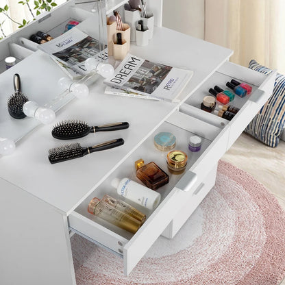Resenkos Vanity Set with Mirror and 10LED Lights Makeup Vanity Desk Chair with 6 Drawers White
