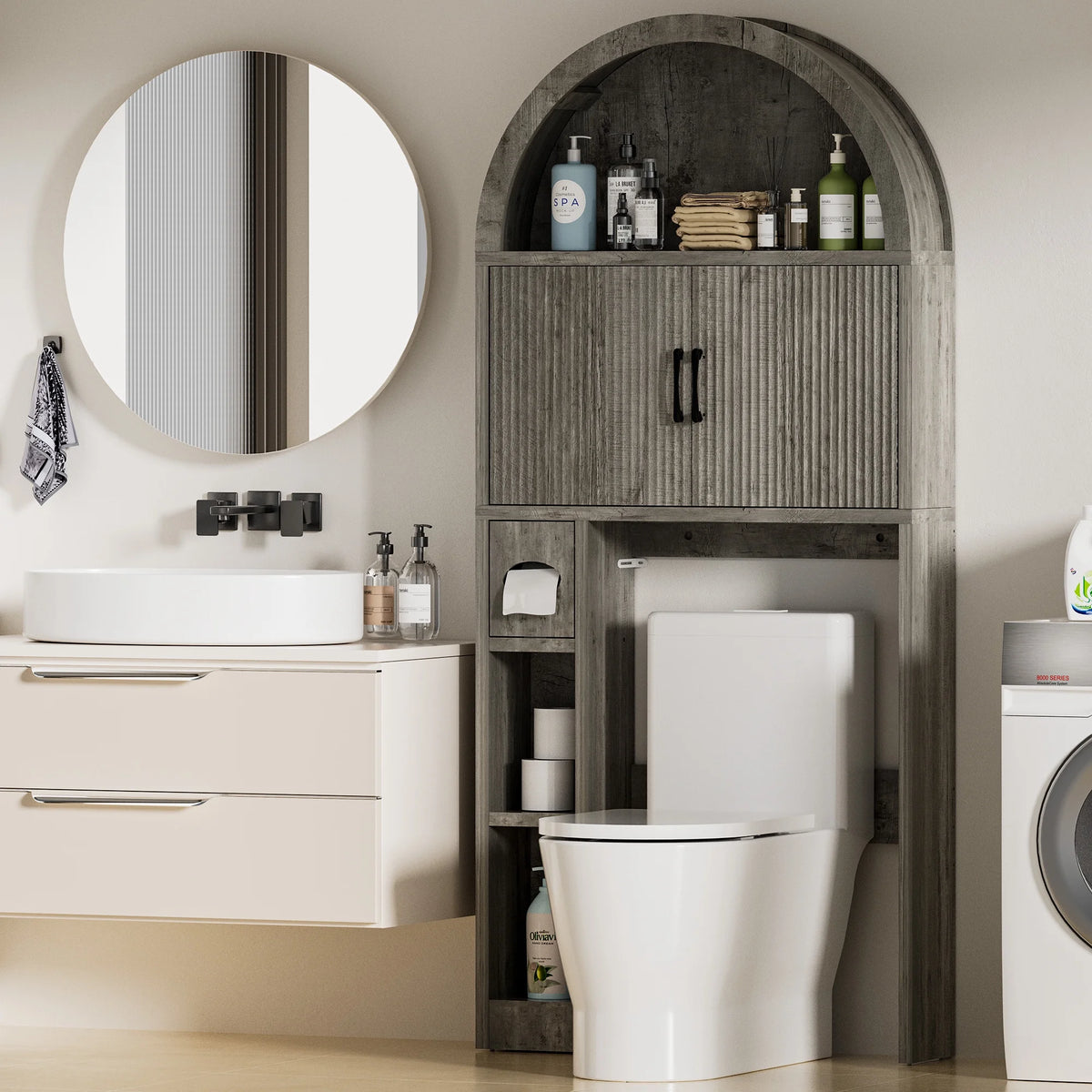 HARIPUL Over The Toilet Storage Cabinet w/ Unique Wood Grain & Arc Design, Freestanding Bathroom Shelf Organizer Space Saver w/ Doors & Anti-Tip Device, Wood Color
