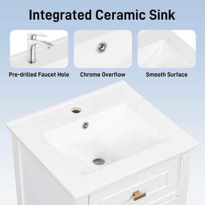 Euroco 20" Bathroom Vanity with Integrated Ceramic Sink, Soft-Close Hinges and Drawer Storage, Solid Wood Legs
