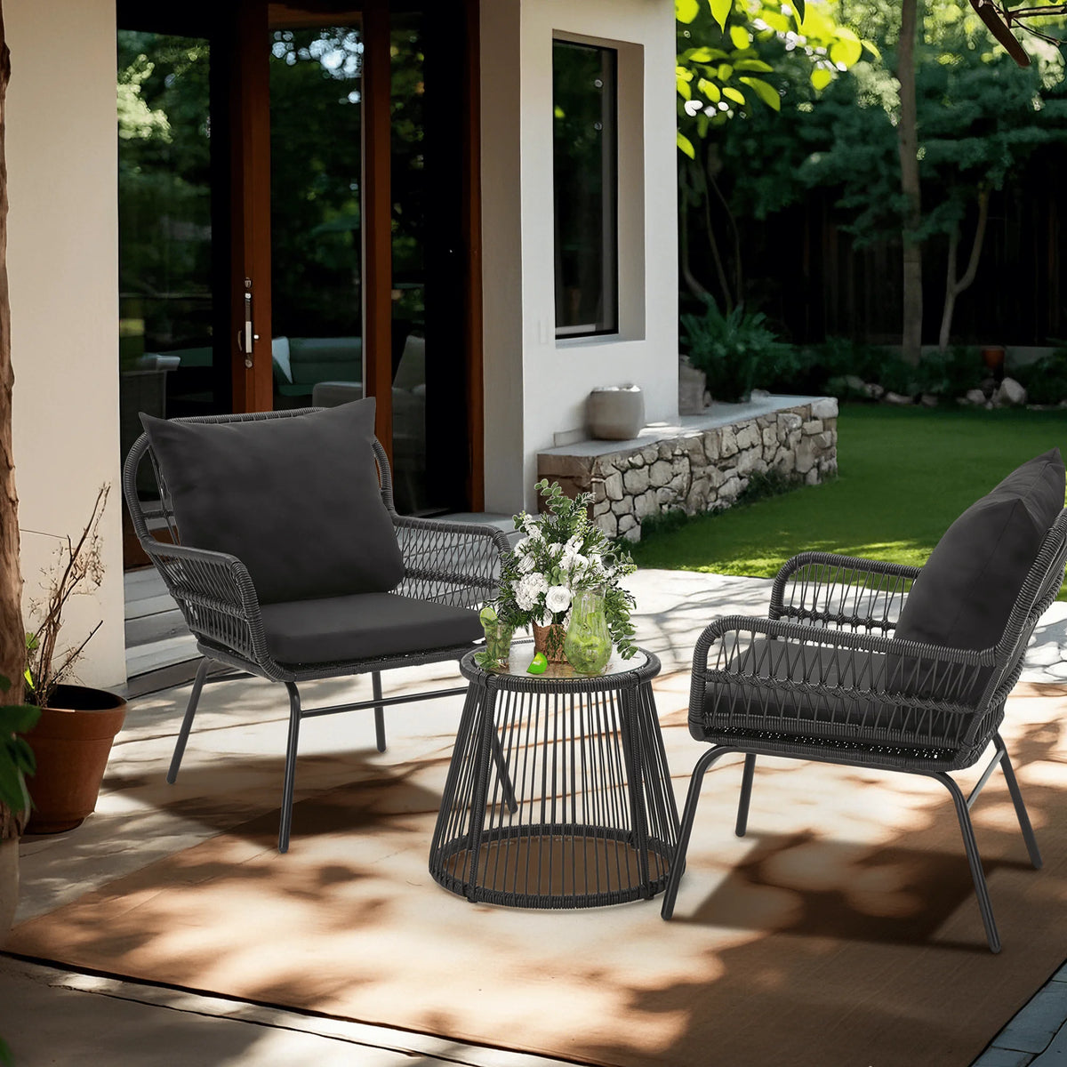 Bezseller 3-Piece Outdoor Wicker Furniture Set, Patio Conversation Set, Gray