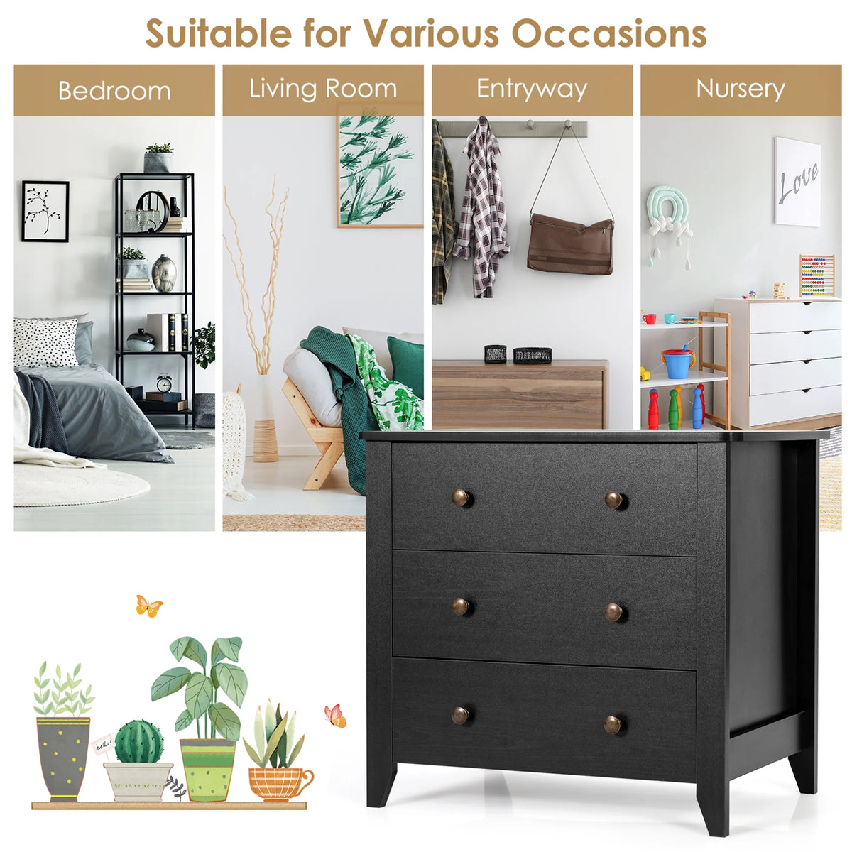 Gymax 3 Drawer Dresser Chest of Drawers Bedside Table for Living Room Bedroom Espresso