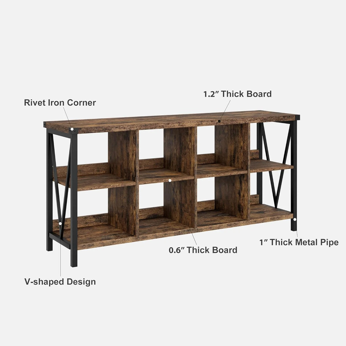 WALYWIK 8 Cube Storage Organizer Bookshelf, 3 Tier Metal Horizontal Bookcase, 62 Inch Console Bookshelfs, Industrial Storage Bookcase for Entryway, Long Low Book Shelf for Living Room-Grey