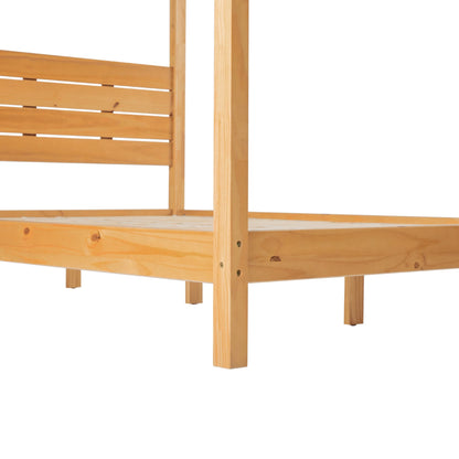 Walker Edison Minimalist Slatted Wood Queen Canopy Bedframe, Natural Pine
