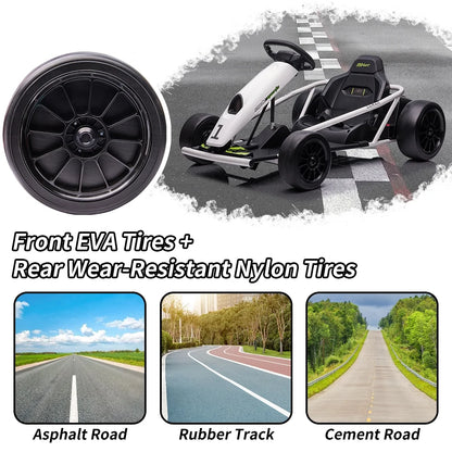 Geetinfly Go Kart for Kids,24V Battery 300WX2 Motors Pedal On Foot Go Cart,8MPH High Speed Drifting Car with Slow Start Function,Music,White