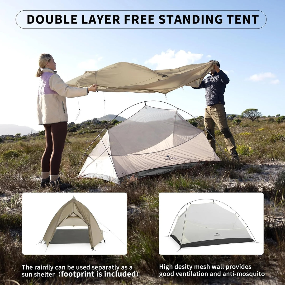 Naturehike 2 Person Tent Lightweight Backpacking Tent with Footprint - Free Standing Ultralight Camping Hiking Backpack Tents, 7.22×5.25ft, Sand